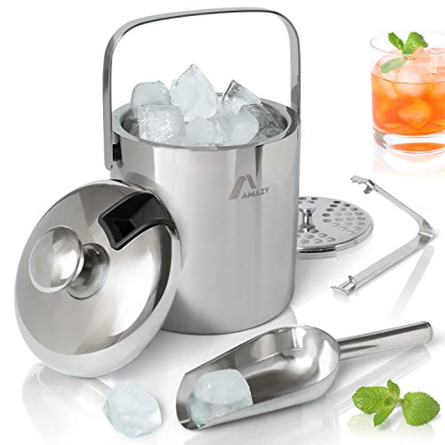 Amazy Cubitera Hielo de Acero Inoxidable (1,3 L) - Incl. Tapa, pinzas, pala y escurridor – Cubitera ideal para hielo. Cubitera profesional para bebidas y alimentos.