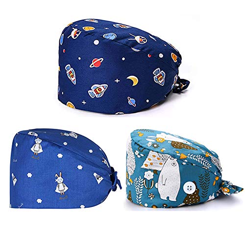 APIKA 3 Piezas Gorros de Fregado de Algodón con Estampado de Dibujos Animados Bonitos con Turbante Ajustable(Oso, Conejo, Estrellado)