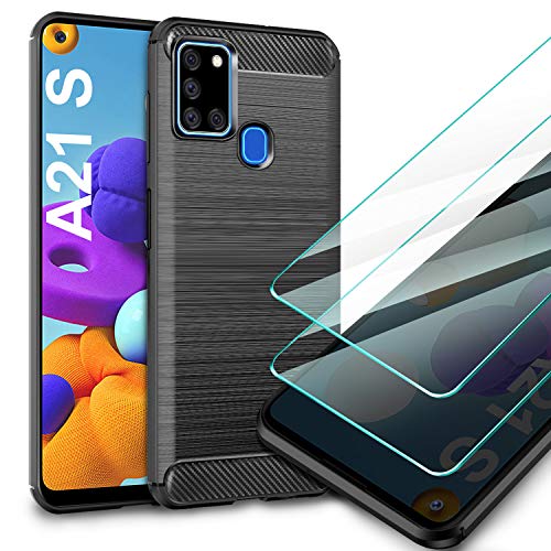 AROYI Funda Samsung Galaxy A21S, [2 Pack] Cristal Templado, Carcasa Silicona Fibra de Carbono TPU Alta Resistente y Flexibilidad Fundas Cover Caso para Samsung Galaxy A21S-Negro