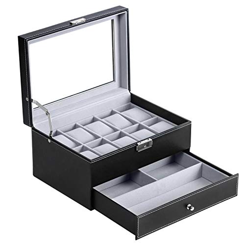 BASTUO Caja de reloj para hombre, organizador de 10 relojes con caja de exhibición de cuero sintético con llave y cerradura, color negro