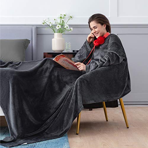 Bedsure Batamanta Polar Mujer Sofa - Manta con Mangas y Bolsillo Hombre para Pies de TV,Blanket Hoodie Suave y Acogedor,Antracita,170x200cm