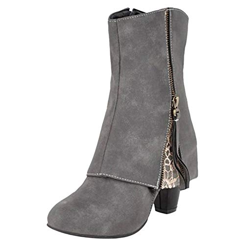 BeiaMina Mujer Botas Moda Tacón Ancho Botas Fiesta Cremallera Otoño Invierno Zapatos Tacón Alto Botas De Vestir Grey Talla 34 Asiática