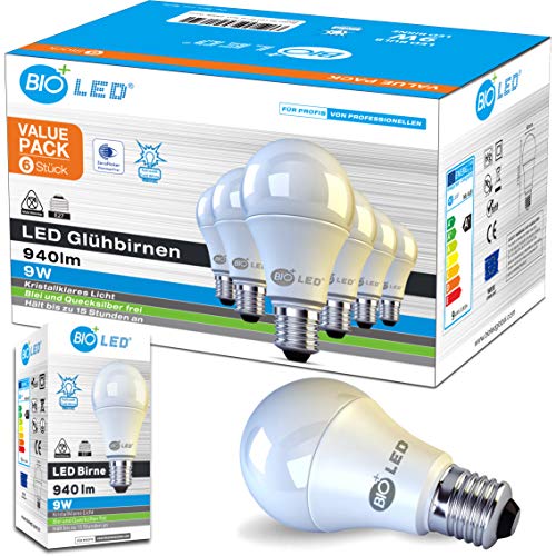 Bioled 9W, 6 unidades, 940lm (Equivalente a 75W), Blanco Frío 6200K, Bombilla LED Esférica E27 de tornillo Edison, Ahorro de energía, Ángulo 270°, Sin destellos 