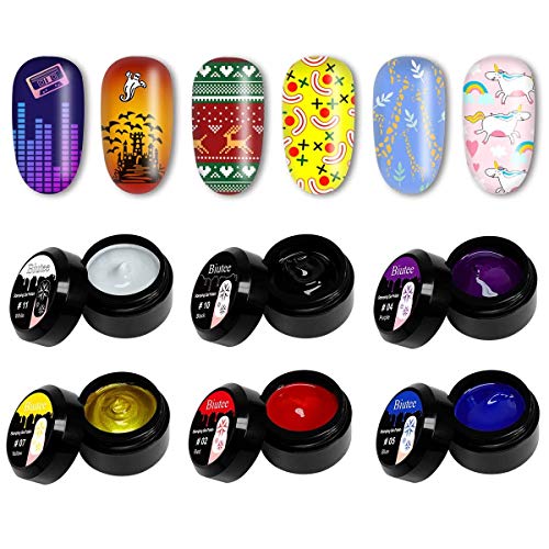 Biutee Gel de Estamping 6 cajas Esmalte para Stamping de 8ml Sellar en Lampara Color de Negro,Blanco,Dorado,Azul,Rojo y Violeta