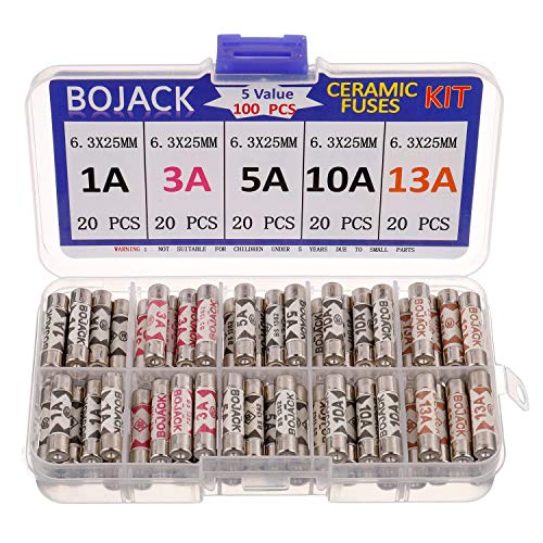 BOJACK 5 Valores 100 piezas 1 3 5 10 13 A amp 240 V Voltios Enchufe de la red doméstica Fusible 6,3x25 mm 0,25x1 pulgadas BS1362 Cartucho de tubo de cerámica Fusibles Kit de surtido