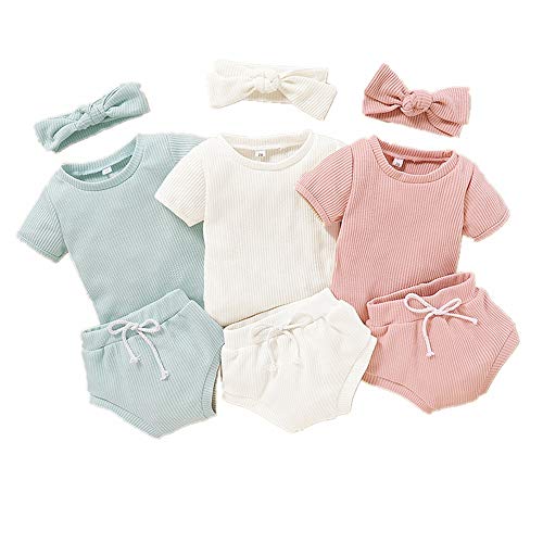 Bonfor 3 Pack x 3 Piezas Ropa Bebe Niño Verano 6-24 Meses Conjuntos de Deporte Bebé Niña Tops + Pantalones Cortos + Venda de Pelo, Ropa Recien Nacido 1-2 años (6-9 Meses)