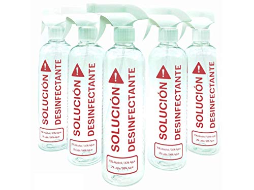 Botella Spray pulverizador de plástico reciclable vacío 500ml transparente rellenable marcado con Solución desinfectante, 3 modos. Pack 5 botellas para limpieza. Uso profesional y doméstico.