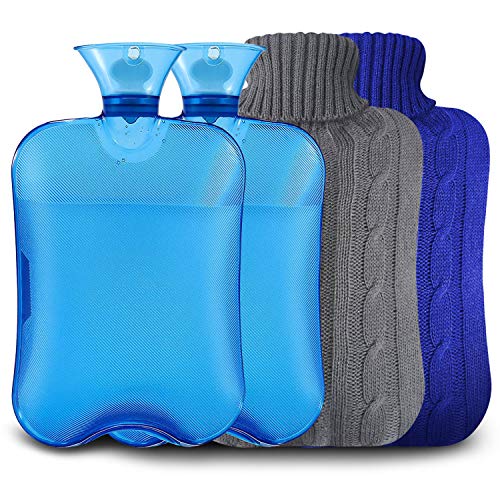 Botellas de Agua Caliente con Fundas Tejidas, Premium Rubber para calambres y alivio del dolor con 2 cubiertas de punto Rápido, Tapa de la Botella de punto, 2 pack, Capacità Massima 2L (B)