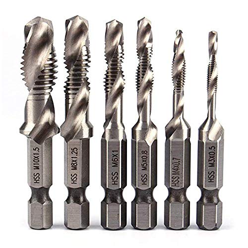 brocas para rosca HSS macho de roscar Punto espiral Perno métrico Brocas M3 M4 M5 M6 M8 M8 M10 6pcs/set Herramientas de mano, HPiano vástago hexagonal Mástil 1/4"Derecha Tornillo roscado