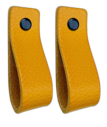 Brute Strength - Tirador de cuero - Amarillo ocre - 2 piezas - 16,5 x 2,5 cm - incluye tres colores de tornillos por manija de cuero para los gabinetes de cocina - baño - gabinetes