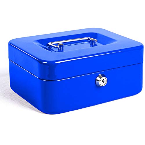 Caja de Efectivo con Bloqueo de Teclas, Caja de Dinero de Metal Portátil con Doble Capa y 2 Teclas Para Seguridad 12.5 * 10 * 5.6cm(S, Azul)