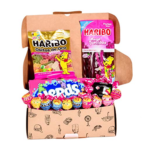 Caja regalo de chuches I Pack de gominolas para regalar: Chupa Chups, Nerds, Haribo ositos, Chicles 5 Sandia, Haribo cereza, Pikotas I Cesta ideal para regalar o disfrutar