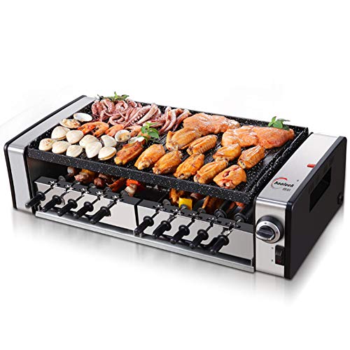 Cakunmik Barbacoa eléctrica de mesa con tapa de cristal, parrilla eléctrica doméstica, placa de parrilla revestida de cerámica, 14000 W (parrilla de mesa con tapa), pinchos giratorios automáticos