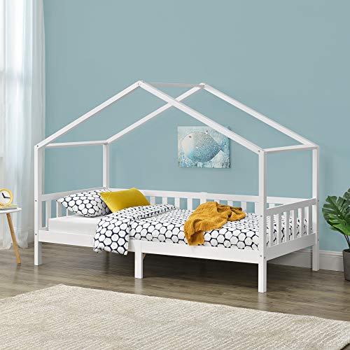 Cama para niños Cama Infantil Elevada 200x90cm Estructura Casa de Madera Pino con Reja Blanco