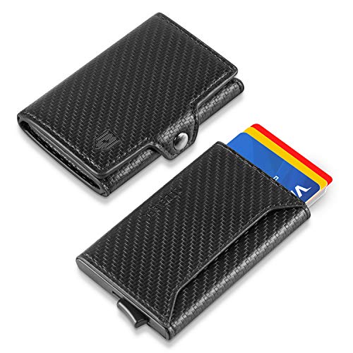 Carteras para Hombre pequeñas,Tarjeteros para Tarjetas de Credito, Cartera Tarjetero Hombre Automatica Pop-up Tarjeteros Aluminio, Tarjetero RFID Bloqueo, Billetera Hombre Pequena Carbon Negro