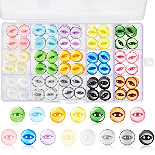 Chuangdi 225 Piezas de Botones Redondos de Ojo de Pez Botones de Resina de 2 Agujeros para Bebé para Bricolaje de Tejido a Mano Costura Manualidades,15 Colores (14 mm/ 0,55 Pulgadas)