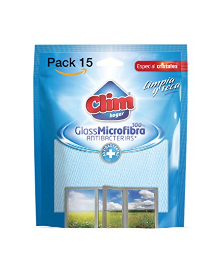 Clim Hogar Masterchef. Bayeta 100% Microfibra Especial para Cristales. con Tratamiento antibacterias Limpia sin rayar. Caja 15 bayetas envasadas Individualmente