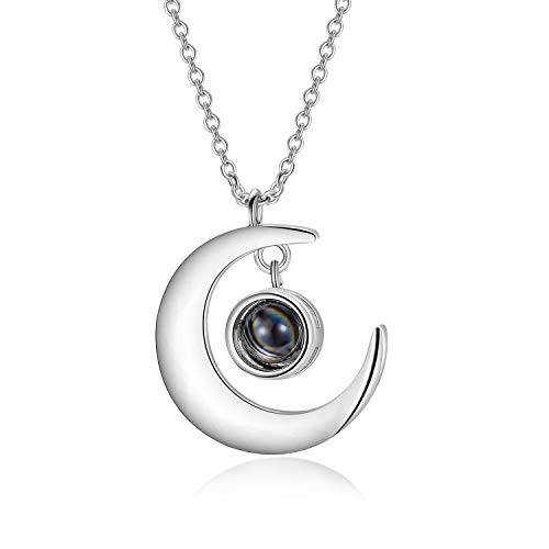 Collar de plata 925 Crescent Moon con 100 idiomas I Love You Stone, regalo para mujeres y niñas