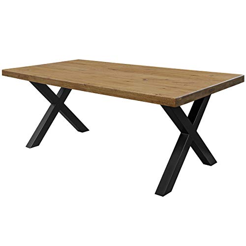 COMIFORT Mesa de Comedor - Mueble para Salon Oficina Despacho Robusto y Moderno de Roble Macizo Color Ahumado con Lado Ondulado, Patas de Acero X-Forma Negras (180x90 cm)