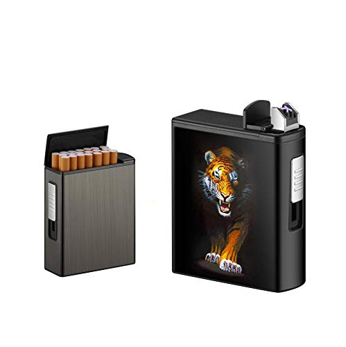 con Mechero Estuche de Cigarrillos de USB Recargable Caja de Cigarrillos,sin Llama a Prueba de Viento eléctrico Encendedor,Capacidad 20pc,Encendedor Pitilleras para Mujer y Hombre(Tiger, Arco)