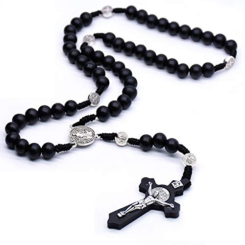 DADATU Religiosos Madera Antigua Cruz Negra Rosario Colgante Collares Jesús San Benito con Cuentas Collar para Los Hombres Mujeres Joyería