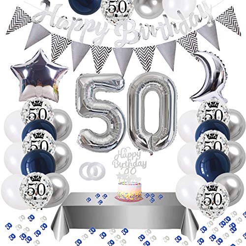 Decoración para 50 cumpleaños, color azul plateado para 50 cumpleaños, globos con número de 50 globos, mantel, guirnalda de banderines, decoración para hombres y mujeres