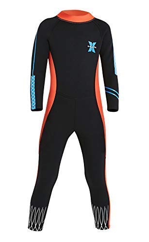 DIVE&SAIL - Niños Maillot de Neopreno de 2.5mm Mantener Calor Prevención Traje de Neopreno con Cremallera Anti-UV Infantil para Verano - Negro Naranja - Talla M