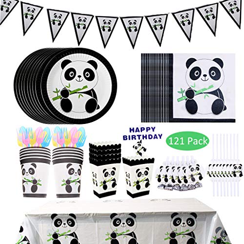 DreamJing Vajilla de fiesta de cumpleaños para niños, plato de fiesta de panda para 20 invitados, decoración de mesa, 121 piezas, platos desechables de panda