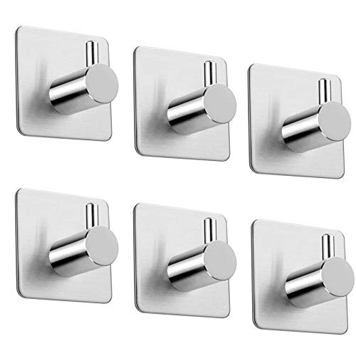 EasyULT 6 Piezas Ganchos Adhesivos, Acero Inoxidable 304, Gancho para Toallas para Baño y Cocina, Sin Taladro Gancho, Ultra Fuerte Adhesivo(Plata)