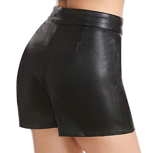 Everbellus Shorts Mujer Cintura Alta Cuero Pantalones Cortos con Cremallera Lateral Negro Pequeña