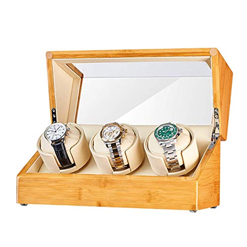 FACAIA Caja enrolladora de Reloj de Madera de bambú para 3 Relojes automáticos, Almohada Suave y Flexible para Relojes, 5 Modos de rotación, Motores Qiuet, Fuente de alimentación Dual