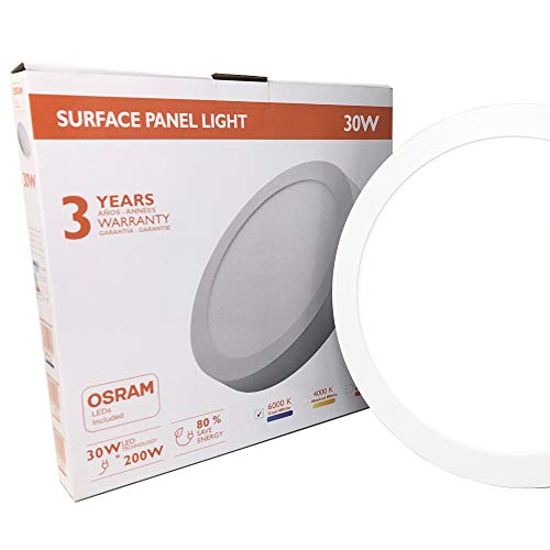 FactorLED Plafón Techo LED Redondo 30W OSRAM chip, Panel Superficie Circular, 4800 lm, Lámpara fácil instalación, 3000K - 4000K - 6000K, [Clase de eficiencia energética A++] (Luz Natural (4000K))