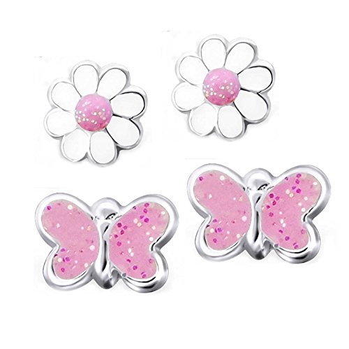 Five de D 2 pares pendientes flor y mariposas brillo 925 plata en caja de regalo