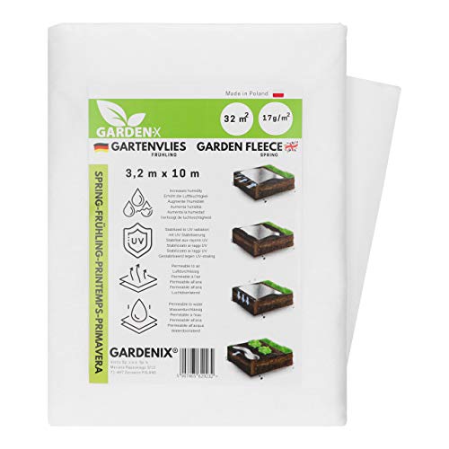 GARDENIX® 32 m² Vellón de protección contra Congelación para Primavera, Alta estabilización UV, Permeable al Agua, Cubierta de Primavera para Plantas (3,2m x 10m)