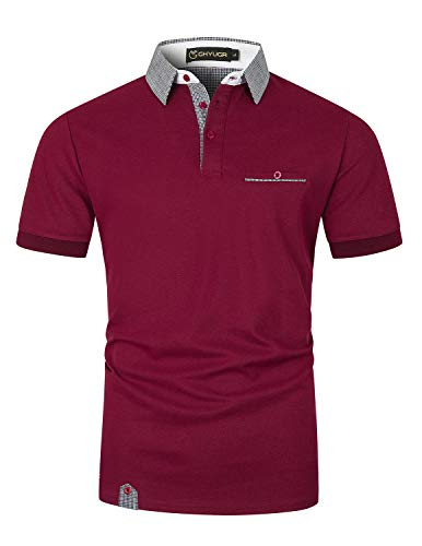 GHYUGR Polos Hombre Manga Corta Cuello Clásico de Empalme a Cuadros con Bolsillo Algodón Casual Camiseta Verano Golf Tennis T-Shirt,Rojo Vino,L