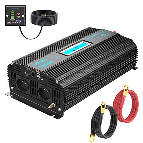 GIANDEL - Conversor de 12 V 220 V puro Sinus 1500 W Onda sinusoidal Pure Transformador con pantalla LCD, mando a distancia con indicador de nivel de batería y 2 puertos USB GIANDEL