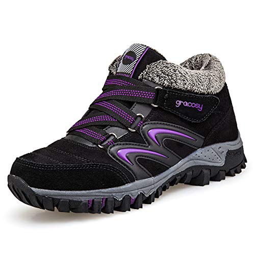 gracosy Mujer Botas de Nieve Senderismo Zapatos Antideslizantes Trekking Zapatos Invierno Piel de Forro Sneakers Transpirables