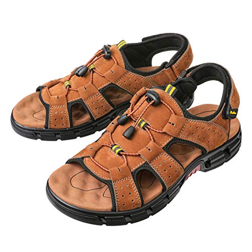 gracosy Sandalias Cuero Deportivas para Hombre Verano Exterior con Punta Abierta Sandalias de Playa Zapatillas de Montaña Senderismo, Amarillo Marron, 43 EU