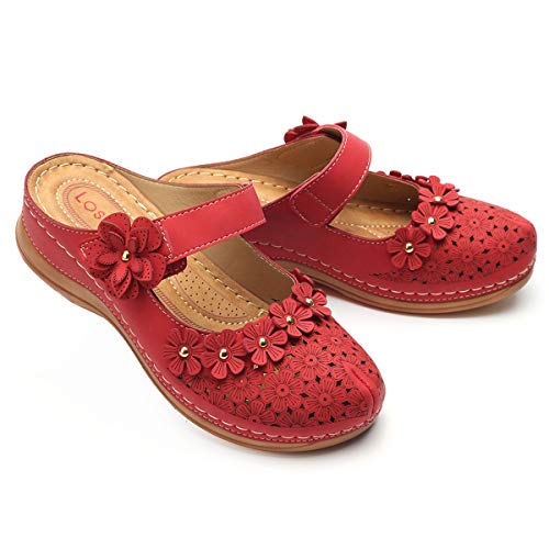 gracosy Zuecos para Mujer Cuero PU Verano Loafer Tacón Bajo Mules Zapatillas de Playa Planos Zapatos Antideslizantes Sandalias Mary Jane Zapatilla