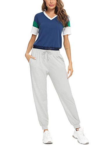 Hawiton Chandal Mujer Completo de Algodon,Conjuntos Deportivos Mujer Talla Grande,Camisas de Manga Corta y Pantalones con Bolsillo 2 Piezas Set, Suave y cómodo