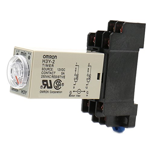 Heschen Relé de retardo de temporizador H3Y-2 12VDC 0-10 minutos 250VAC 5A 8Pin Terminal DPDT con DYF08 35mm DIN Rail Base