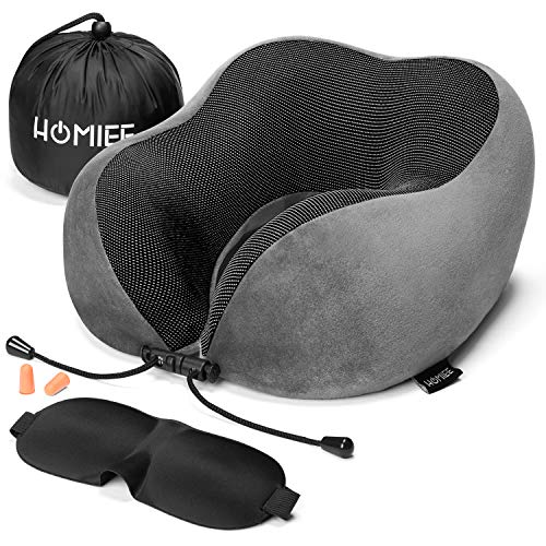 HOMIEE Almohada Cuello de Caracol 100% de Viaje de Memoria, diseñada ergonómicamente, Transpirable y extraíble, con máscara 3D y Tapones para los oídos, Adecuada para Viajes, Oficina, etc (Cris)