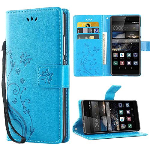 iDoer Huawei P8 Funda Retro Flor PU Cuero Wallet Cartera Silicona Card Slot Case Con Correa de Muñeca con Función de Soporte Magnética Cierre Carcasa Tapa Para Huawei P8 Azul