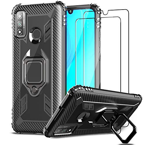 IMBZBK Compatible con Funda Huawei P Smart 2020,【2 Pack】 Protector Pantalla Huawei P Smart 2020 Cristal Templado, 【Soporte Giratorio de 360 Grados con Anillo de Dedo】【Anti-caída】 TPU Silicona - Negro