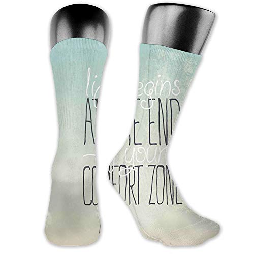 Ingpopol Medium long Crew Socks,Lifestyle,Motivational Life Begins at The End of Your Comfort Zone Words Concept Print,Unisex 15.7",Multicolor
