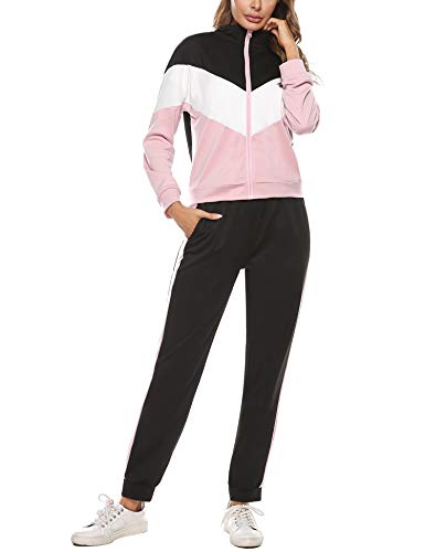 Irevial Chandal Mujer Completo Algodon,Suave chándal Deportivo Mujer Conjunto,cómodos Sudadera con Cremallera y Pantalones 2 Pieza，Rosa，XXL