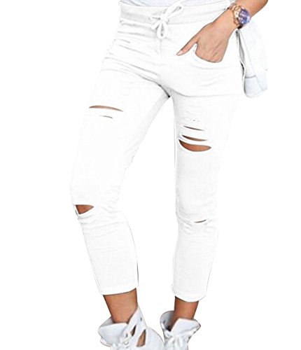 ISSHE Pantalones Rotos Mujer Pantalon Skinny Slim Mujer Jeggings Leggins Push Up Señora Leggings Yoga Polainas Chandal Mallas Fitness Deporte Pantalones Deportivos Elasticos Mujer Blanco L