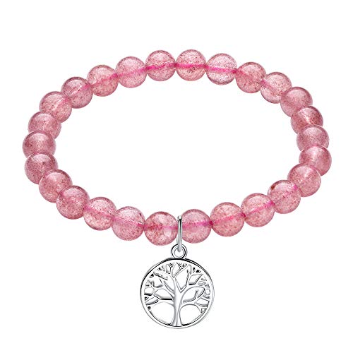 J.Endéar Pulsera Mujer Piedras Naturales, Pulseras de Cuentas Piedras Preciosas Naturales 8mm, Pulsera Arbol de La Vida Amistad con Charm en Plata de Ley Raíces Familiares