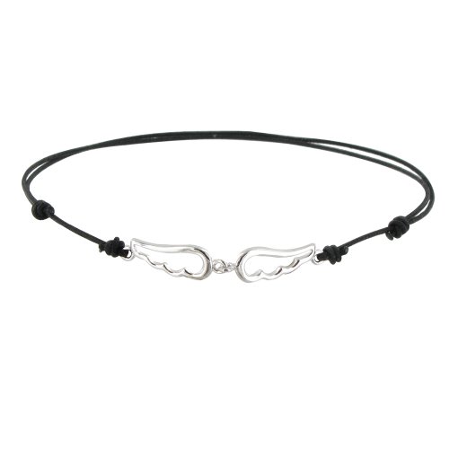 Joyas Les Poulettes - Pulsera Enlace de Plata Dos Pequeñas Alas de Angel Calado - Negro