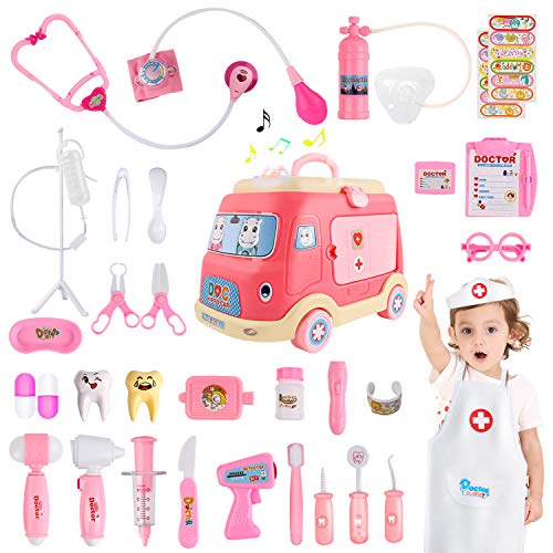 JoyGrow 33 Piezas Maletin Medicos Doctora Juguete,Caja de Almacenamiento de Ambulancia,Doctora Disfraz Juego de rol,de Imitacion Luces y Sonidos Accesorios,Regalos para Niñas Niños 3+ Años (Rosa)